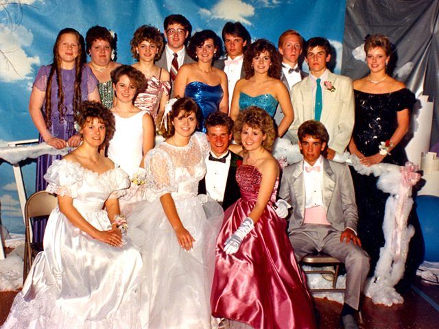 La quintessence'80s prom crew, complete with big hair and plenty of pastels.